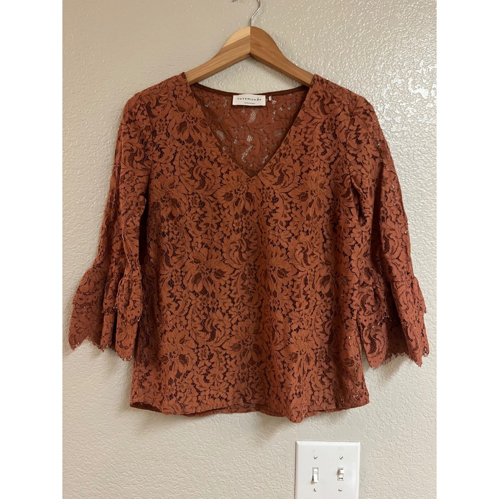 Rosemunde Copenhagen Rust Floral Lace V-Neck Ruffle Bell Sleeve Blouse Top 38 M